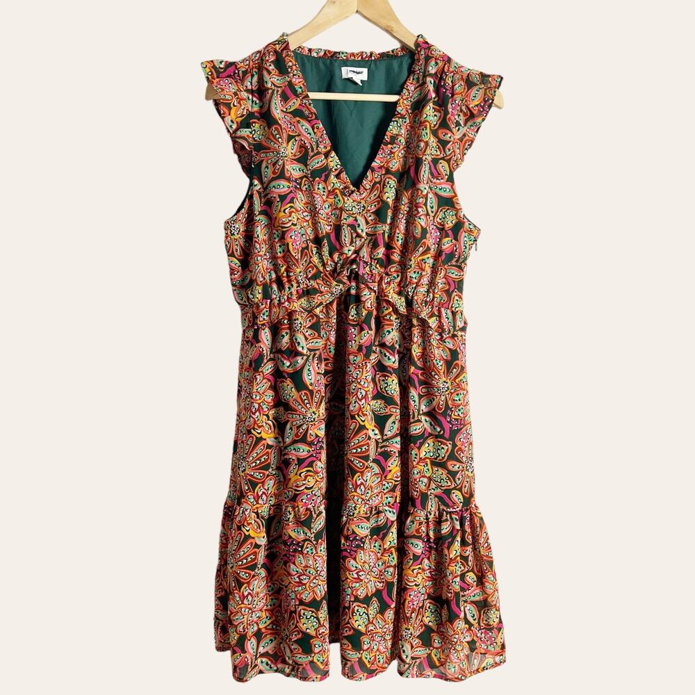 J.Crew Red Floral Print Ruffled Cap Sleeve V-Neck Flounce Dress Size 8
